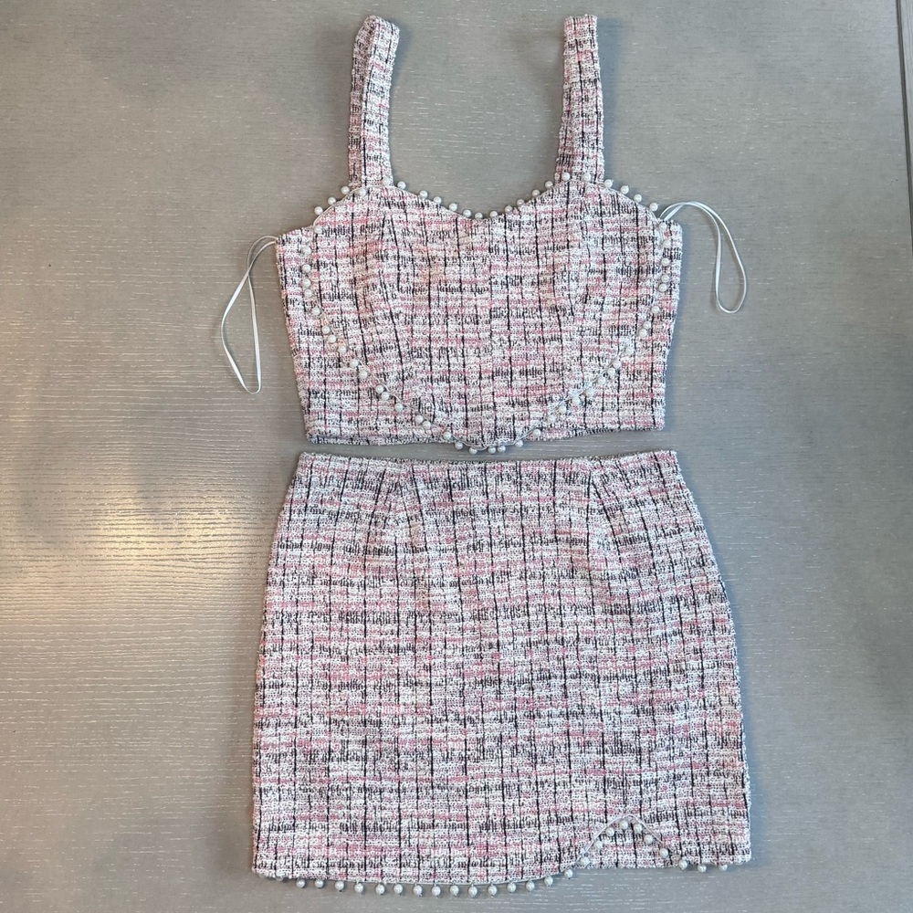 Thirty Thirty LA Pink Tweed Pearl Trim Crop Top and Mini Skirt Set Size Medium